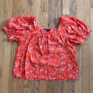Ann Taylor Red Floral Puff Sleeve Blouse